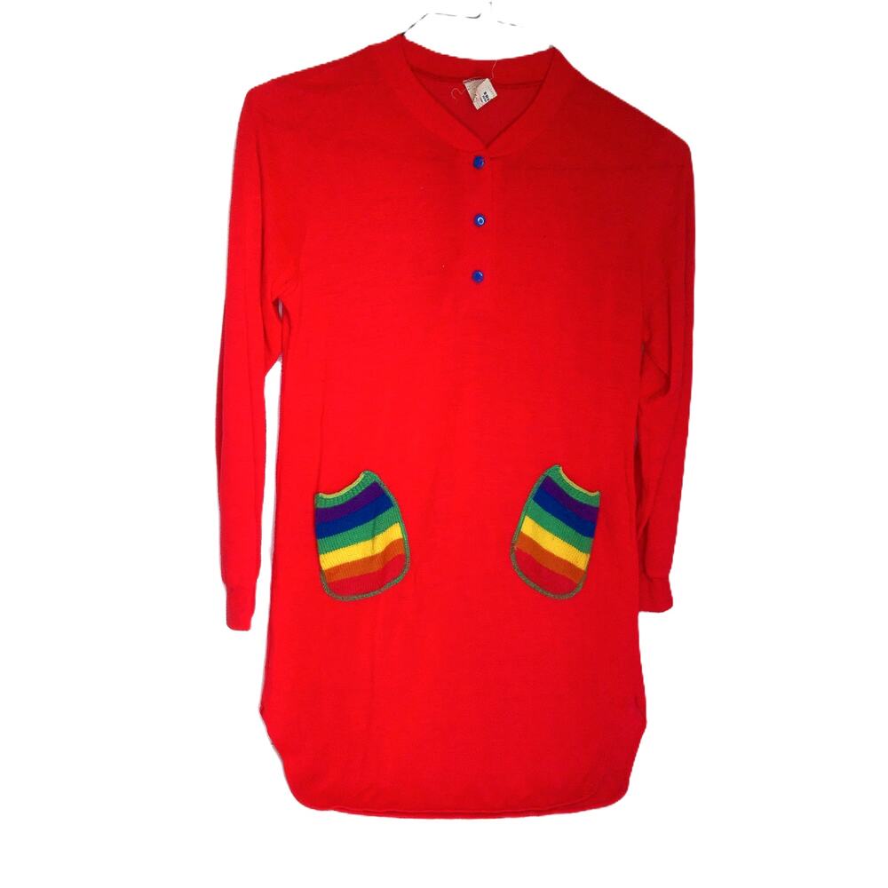 Vintage Jennifer Dale Girls Red Pajama Dress Rainbow Pockets Size 9